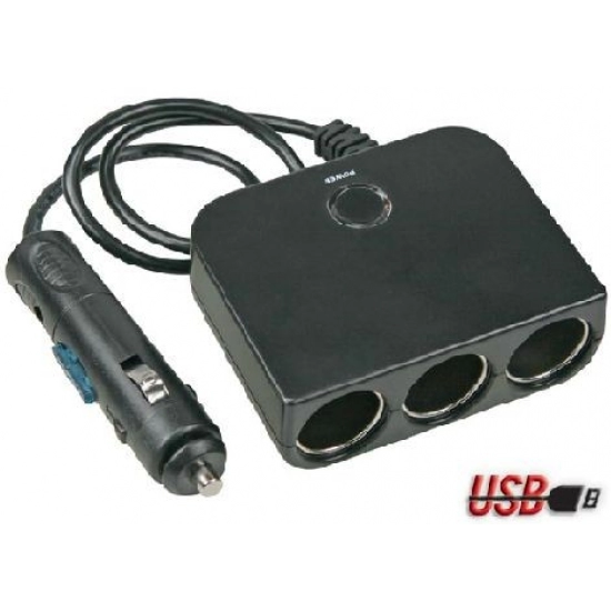Kabel produžni za upaljač, tri utičnice + USB