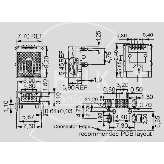 Konektor USB mini B (Ž), SMD, kutni, za pločicu Konektor USB mini B (Ž), SMD, kutni, za pločicu