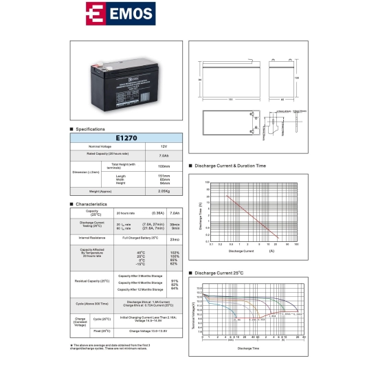 Baterija akumulatorska EMOS B9691 12V 7Ah F4.8 151x65x94 mm