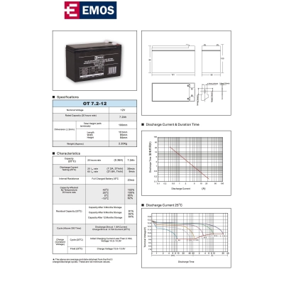 Baterija akumulatorska EMOS, 12V, 7.2Ah, F4.8, 151x65x94 mm   - Akumulatorske baterije