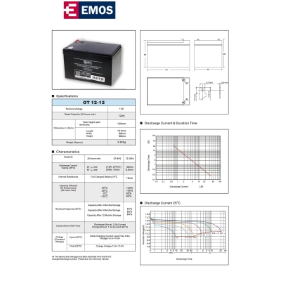 Baterija akumulatorska EMOS B9656 12V 12Ah F6.3 151x99x95 mm   - Emos