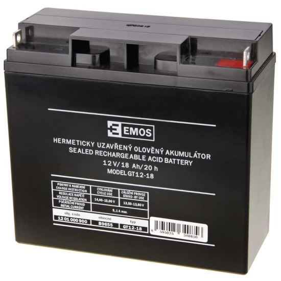 Baterija akumulatorska EMOS B9655 12V 18Ah M5 181x76x167 mm Baterija akumulatorska EMOS B9655 12V 18Ah M5 181x76x167 mm