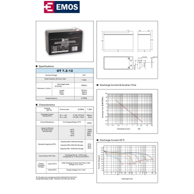 Baterija akumulatorska EMOS B9674 12V 7.2Ah F6.3 151x65x94 mm   - Emos