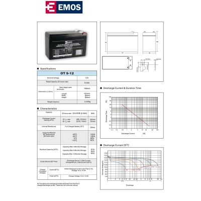Baterija akumulatorska EMOS B9675 12V 9Ah F6.3 151x65x94 mm  