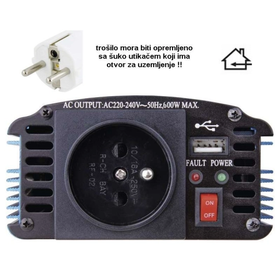 Adapter 12V > 220V  600/300 W ,USB,utičnica sa pinom, Geti