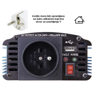 Adapter 12V > 220V  600/300 W ,USB,utičnica sa pinom, Geti   - Geti