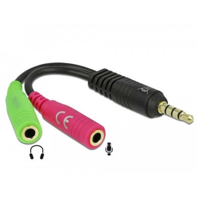 Adapter DELOCK, 3.5mm TRRS (M) na 3.5mm TRS (Ž) za slušalice + 3.5mm TRS (Ž) za mikrofon, polybag