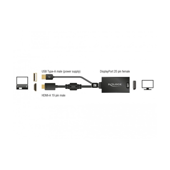 Adapter DELOCK, HDMI-A (M) na Displayport 1.2 (Ž), 24cm, crni