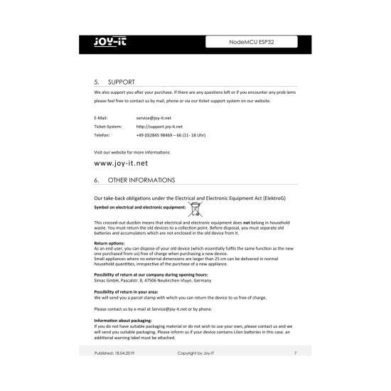 Razvojna ploča JOY-IT ESP32, SBC-NodeMCU-ESP32, bluetooth, Wi-Fi modul, Joy-IT 