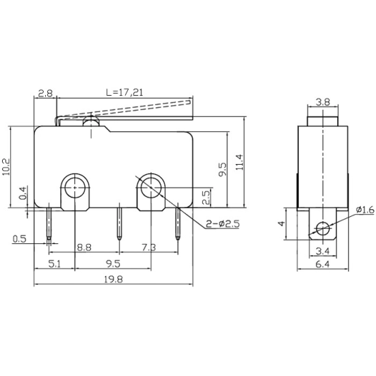 Mikroprekidač 5A sa polugom ravnom mali 20*10 mm, zeleni, WLK-2MINI Mikroprekidač 5A sa polugom ravnom mali 20*10 mm, zeleni, WLK-2MINI