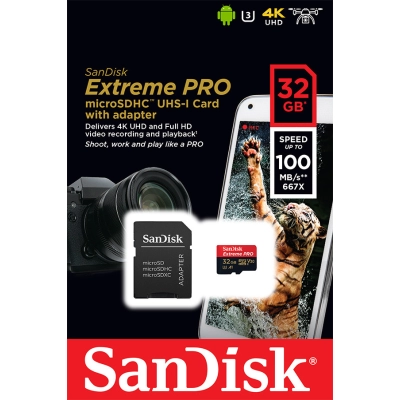 Memorijska kartica SANDISK Extreme Pro, microSDHC, 32GB, SDSQXCG-032G-GN6MA, A1 C10 V30 UHS-I U3 +SD Adapter + Rescue Pro   - Memorijske kartice