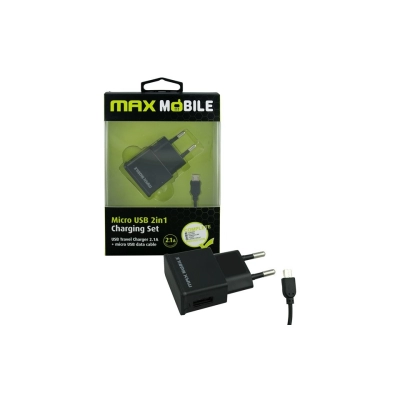 Kućni punjač MAXMOBILE set 2U1, USB, micro USB kabel, crni   - Maxmobile