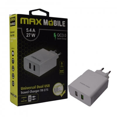 Kućni punjač MAXMOBILE TR-275, Quick Charge 3.0, 27W, 2 X USB, bijeli   - Punjači za smartphone