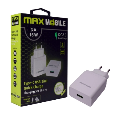 Kućni punjač MAXMOBILE TR-274, 18W+ USB-C kabel bijeli   - Punjači za smartphone