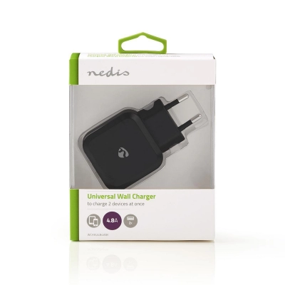 Kućni punjač NEDIS WCHAU484ABK, 24W, 2x USB-A, crni   - Punjači za smartphone