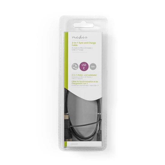 Kabel NEDIS CCGB60610BK10, 2U1 Sync+Charge, USB A (M) na USB C/micro B 2.0 (M), crni, 1m Kabel NEDIS CCGB60610BK10, 2U1 Sync+Charge, USB A (M) na USB C/micro B 2.0 (M), crni, 1m