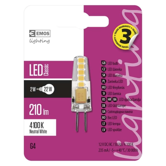 Žarulja LED G4 2W, 4100K, neutralno svjetlo, 12V EMOS Žarulja LED G4 2W, 4100K, neutralno svjetlo, 12V EMOS