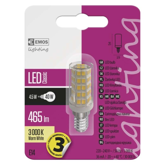 Žarulja LED E14 4,5W, mini, 3000K, toplo svjetlo, Emos