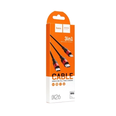 Kabel HOCO X26 Xpress 3 u 1, USB na Micro USB, USB-C, Lightning, crno crveni   - Hoco
