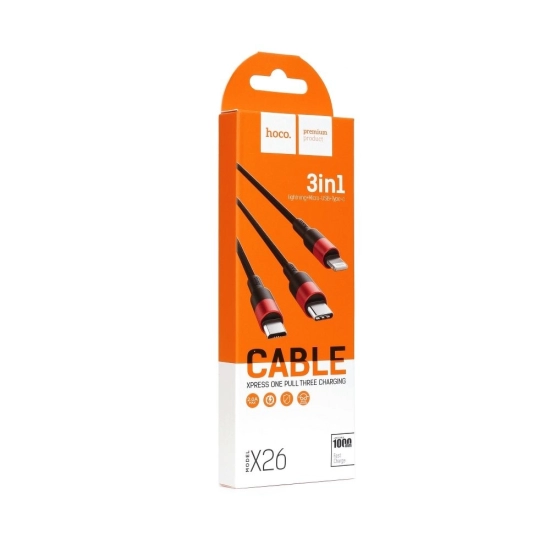 Kabel HOCO X26 Xpress 3 u 1, USB na Micro USB, USB-C, Lightning, crno crveni