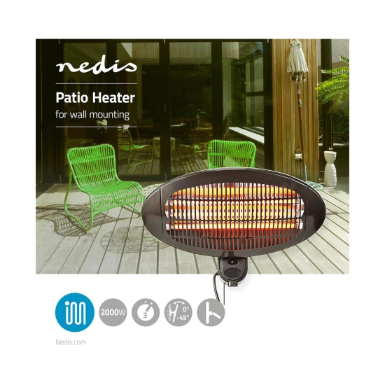 Grijalica NEDIS HTPA110EBK, 650/1300/2000W,  za dvorište, terasu, 3 postavke topline, montaža na zid, kut  0-45 stupnjeva, IP34 zaštita od prskanja