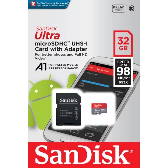 Memorijska kartica SANDISK, micro SD Ultra Android, 32GB, Class 10 UHS-I + SD Adapter + Memory Zone App Memorijska kartica SANDISK, micro SD Ultra Android, 32GB, Class 10 UHS-I + SD Adapter + Memory Zone App