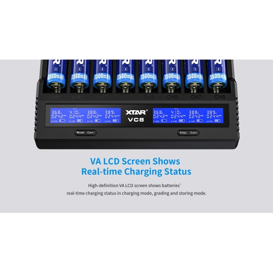 Punjač baterija Li-ion, za 8 komada baterija, USB C, XTAR VC8 Punjač baterija Li-ion, za 8 komada baterija, USB C, XTAR VC8