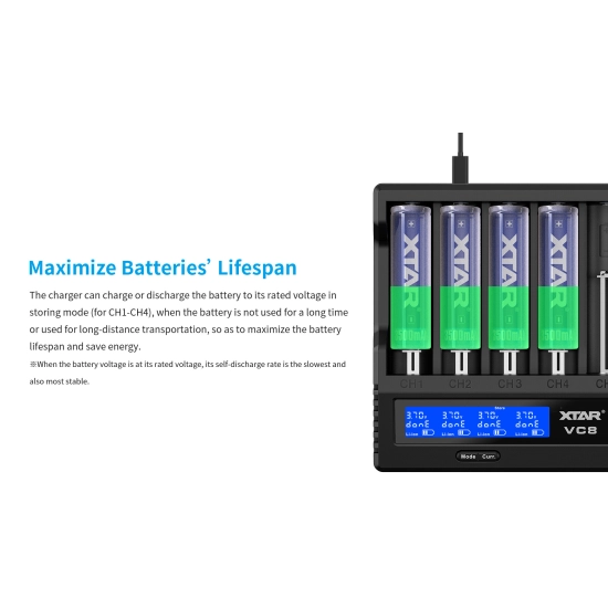 Punjač baterija Li-ion, za 8 komada baterija, USB C, XTAR VC8 Punjač baterija Li-ion, za 8 komada baterija, USB C, XTAR VC8