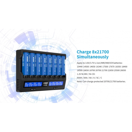 Punjač baterija Li-ion, za 8 komada baterija,USB, XTAR VC8