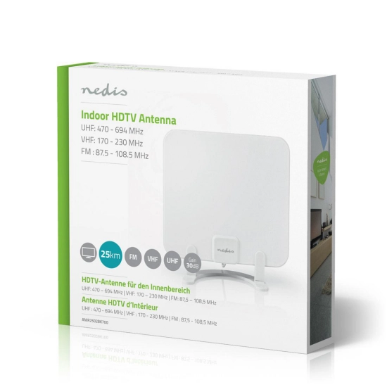 Antena NEDIS DVB-T/T2, 0-25km, sobna, 30dB, FM/VHF/UHF, LTE 700 filter, DAB, aktivna, bijela