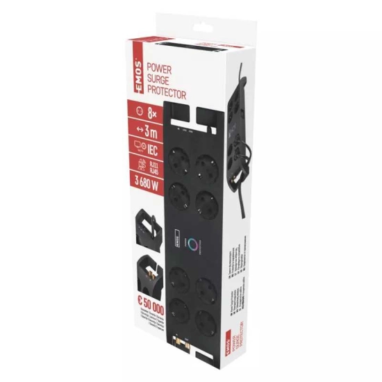 Kabel produžni EMOS, 8 mjesta, 1.5mm2, prenaponska zaštita, 3m Kabel produžni EMOS, 8 mjesta, 1.5mm2, prenaponska zaštita, 3m