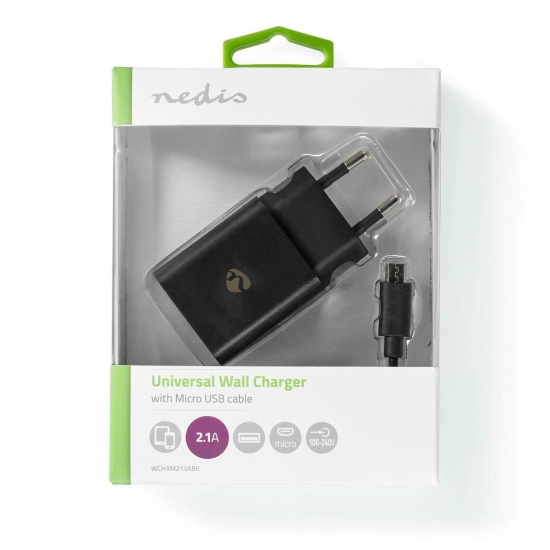 Kućni punjač NEDIS WCHAM213ABK, 10.50W, 1x USB-A, micro USB kabel, crni