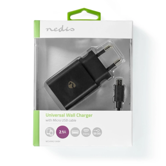 Kućni punjač NEDIS WCHAM213ABK, 10.50W, USB A, kabel USB A (M) na USB micro B 2.0 (M), crni