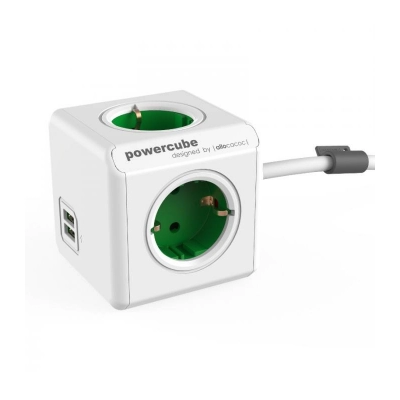 Produžni kabel POWERCUBE, s USB priključkom, zeleni   - PowerCube