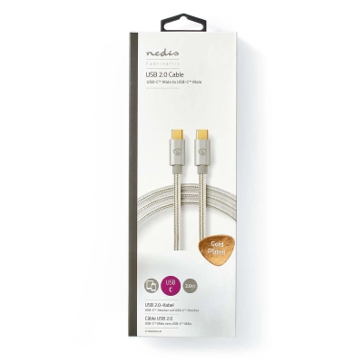 Kabel NEDIS CCTB60800AL20, USB C 2.0 (M) na USB C 2.0 (M), 480Mbps, 100W, gold plated, srebrni, 2m   - Kabeli i adapteri