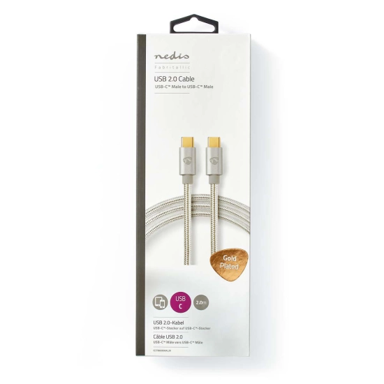 Kabel NEDIS CCTB60800AL20, USB C 2.0 (M) na USB C 2.0 (M), 480Mbps, 100W, gold plated, srebrni, 2m Kabel NEDIS CCTB60800AL20, USB C 2.0 (M) na USB C 2.0 (M), 480Mbps, 100W, gold plated, srebrni, 2m