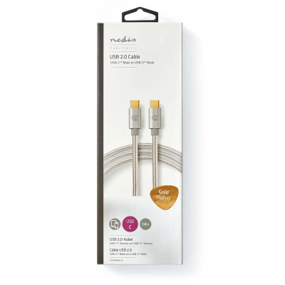 Kabel NEDIS CCTB60800AL10, USB C 2.0 (M) na USB C 2.0 (M), 480Mbps, 100W, gold plated, srebrni, 1m   - Kabeli i adapteri
