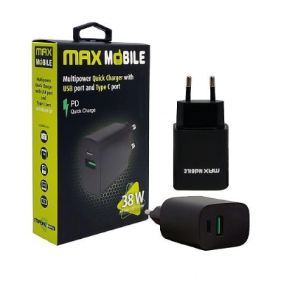 Kućni punjač MAXMOBILE 2UTR3068-QP, PD Type C 20W+USB QC 3.0 18W, crni   - Punjači za smartphone