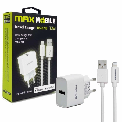 Kućni punjač MAXMOBILE TR287B, set 2U1, za IPhone, iPad, iPod, USB, bijeli   - Punjači za smartphone