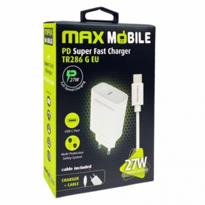 Kućni punjač MAXMOBILE TR-286 G, 27W, USB-C, kabel, bijeli   - Punjači za smartphone