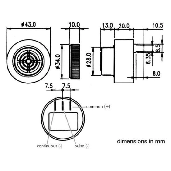 PIEZO BUZZER STALNI+PULS ton, 3-28 V, faston, SV10