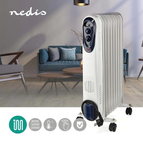 Radijator NEDIS HTOI30WT9, uljnji, prijenosni, 800/1200/2000W, 9 rebra, termostat, bijeli