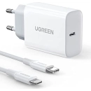 Kućni punjač UGREEN, 20W, USB C, kabel USB C (M) na Lightning (M), Power Delivery, bijeli