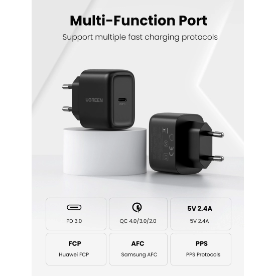 Kućni punjač UGREEN, 25W, USB-C PD + kabel C-C, crni, 2m