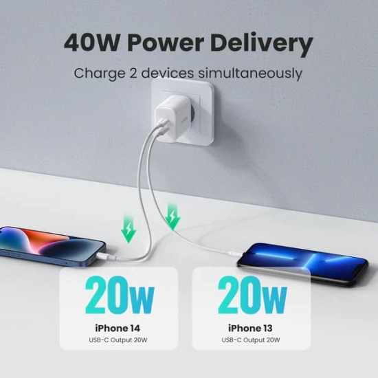 Kućni punjač UGREEN, 40W, USB-C+USB-C PD, bijeli