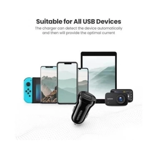 Auto punjač UGREEN, 24W, 2x USB A, crni