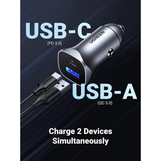 Auto punjač UGREEN, 24W, USB C, USB A, Power Delivery, QuickCharge, srebrni