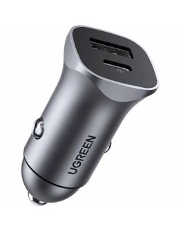 Auto punjač UGREEN, 24W, USB C, USB A, Power Delivery, QuickCharge, srebrni