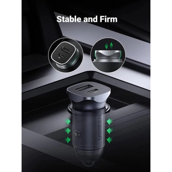 Auto punjač UGREEN, 24W, USB C, USB A, Power Delivery, QuickCharge, srebrni
