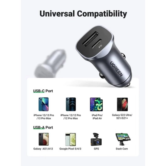 Auto punjač UGREEN, 24W, USB C, USB A, Power Delivery, QuickCharge, srebrni